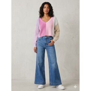 1.State Women Pink Colorblock Ribbed V-Neck Cropped Knit Sweater Large
